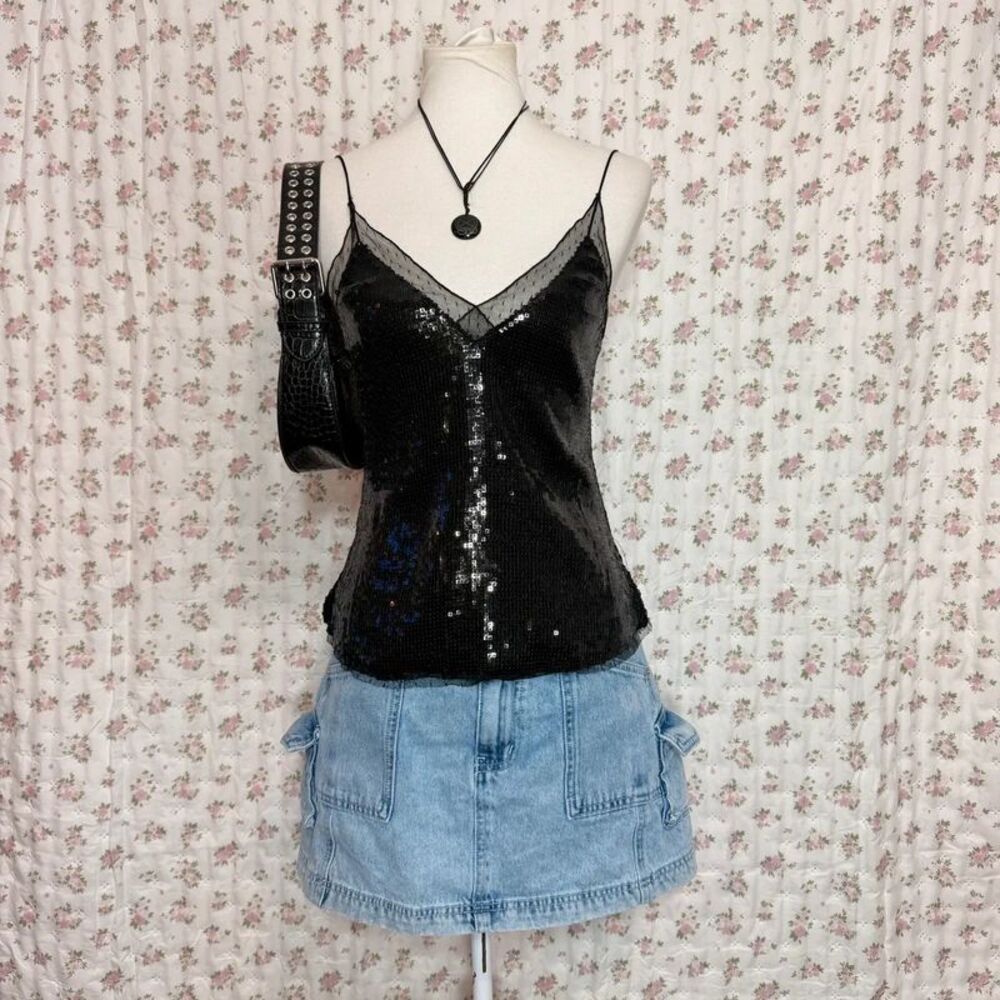 2000s Free People Black Sequin Top Y2K Going Out Party Top Women’s XS